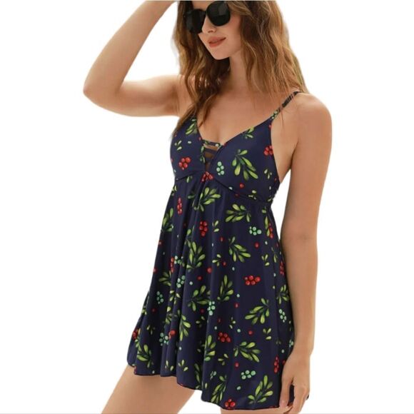 Summer Mae Bikini Beach lifestyle swim dress w boy shorts large navy floral - Picture 1 of 12
